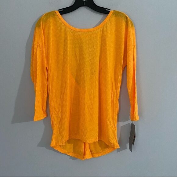 Ideology Women’s High Neck Deep Open Back 3/4 Sleeve Orange Sheer Top size XS - Picture 1 of 4